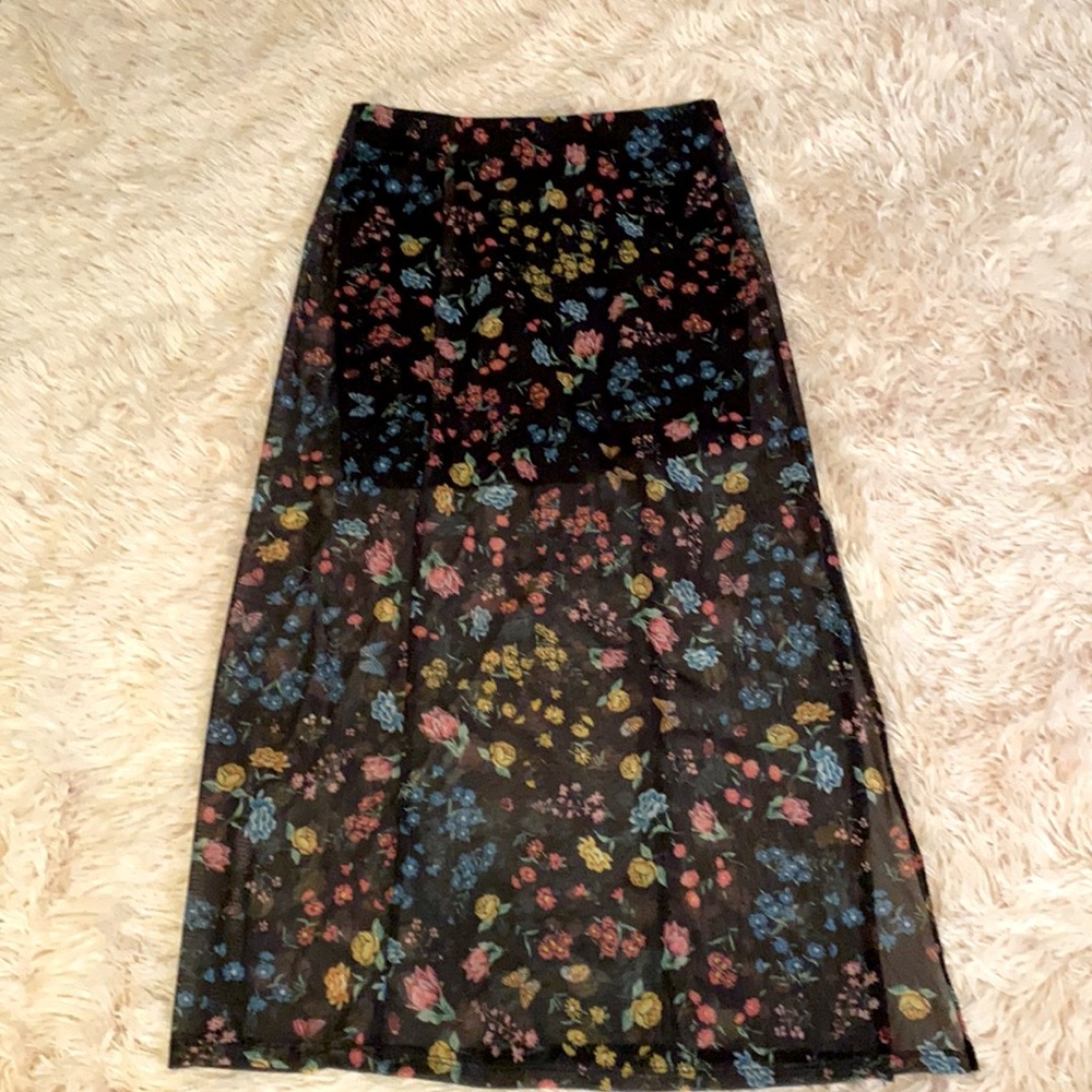 See Through Floral Midi Skirt